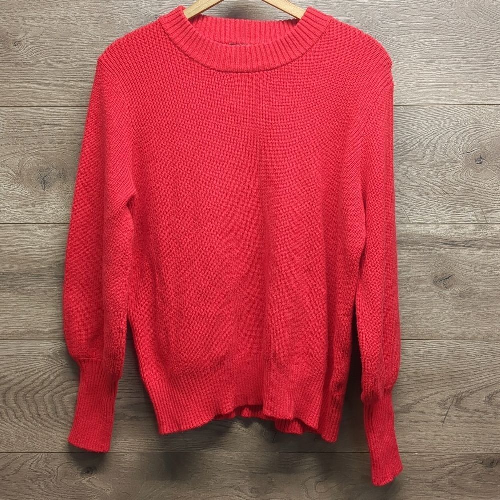 VICI Red Stretchy Ribbed Crewneck Sweater Puff Sleeve Knit Top Womens Size Large